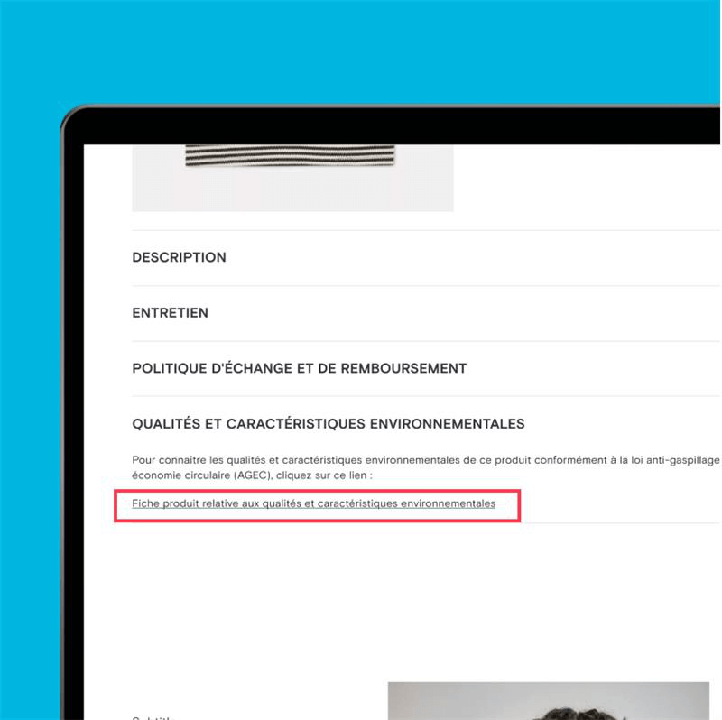 Une page produit en ligne affichant la description, les instructions d'entretien et la politique de retour sur l'interface d'un site web. La référence du produit est mise en avant par un encadré rouge.